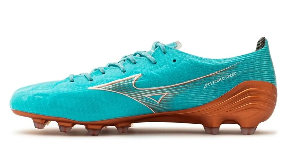 Side profile of a Mizuno Alpha Elite boot in the same Azure Blue and copper colourway
